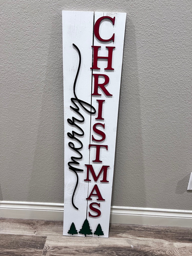 Merry Christmas Vertical Porch Sign White with Script & Trees