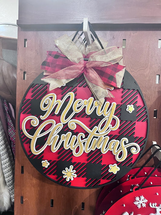 Merry Christmas Door Hanger - Buffalo Plaid