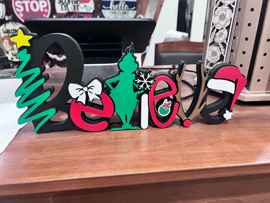 Grinch Believe Christmas Tabletop Sign